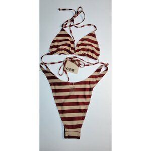 SAME Los Angeles Striped Bikini Set Triangle Top & High Cut Bottom Size M NWT